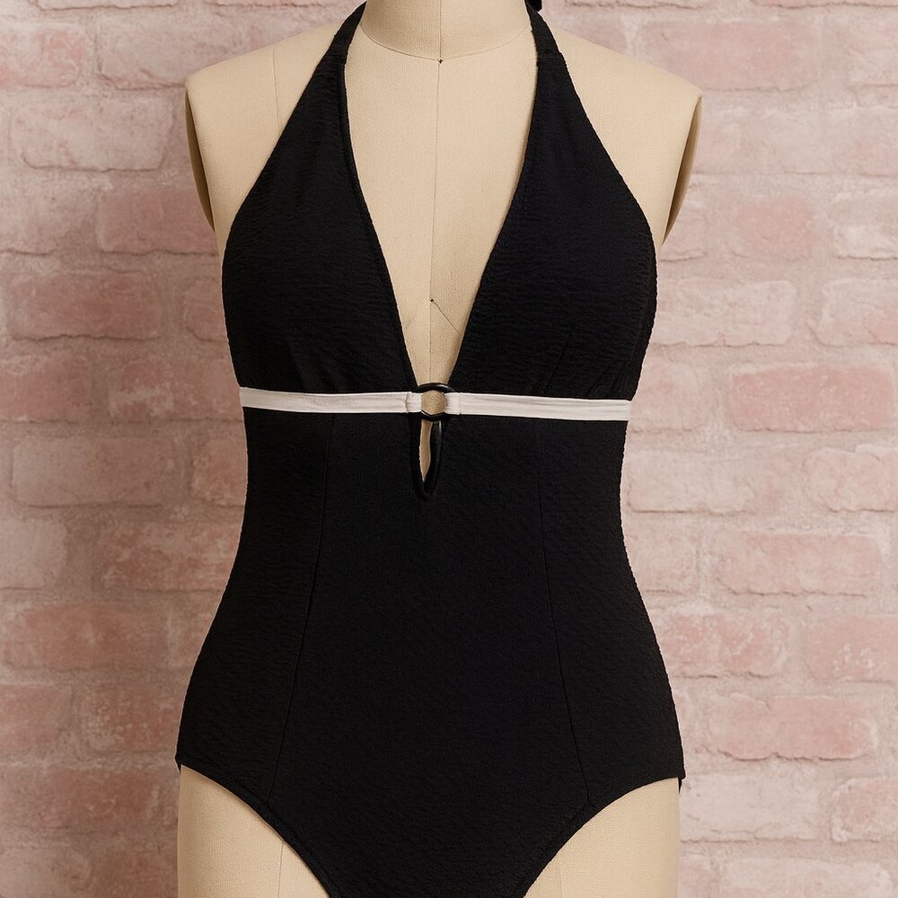 NWOT Jatzen Vintage One Piece Swim Suit Black Halter Top Size 12 Summer Swimwear